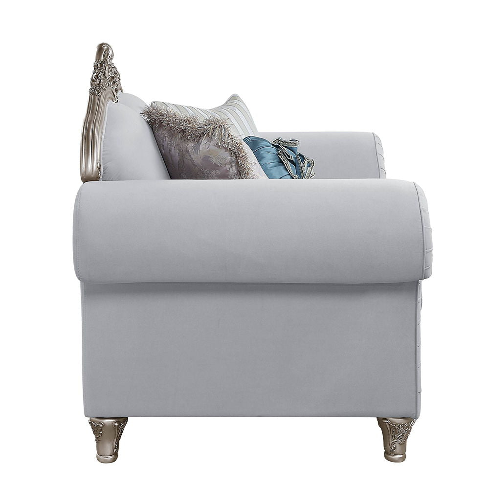 Pelumi - Loveseat With 5 Pillows - Light Gray Linen & Platinum