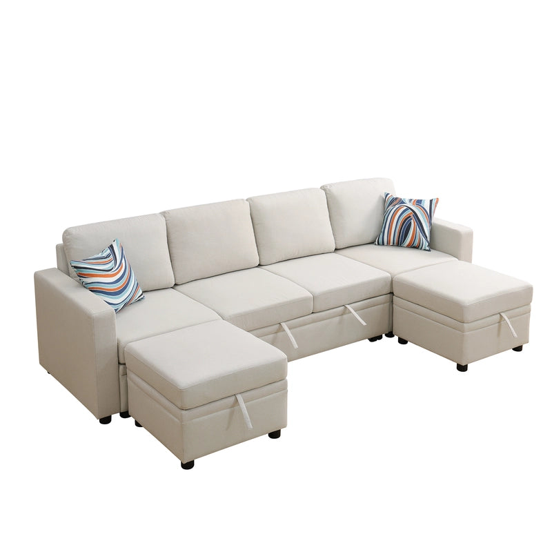 Ainehome Off-White Extendable Fabric Sofa Bed 6-Piece Sectional with Storage