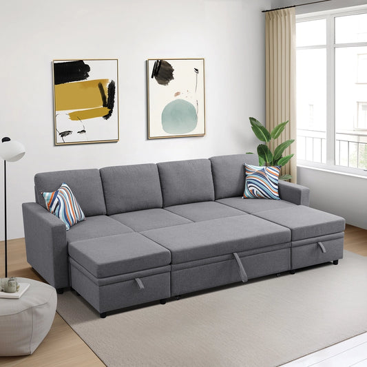 Ainehome Dark Grey Fabric Extendable Sofa Bed 6-Piece Sectional with Storage