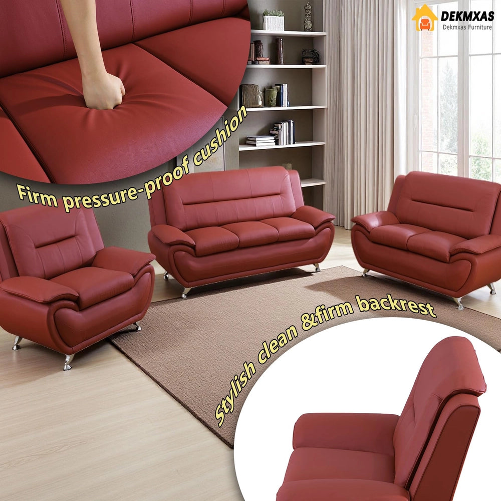 Ainehome Red Faux Leather 3-Piece Living Room Sofa Set with Elegant Design