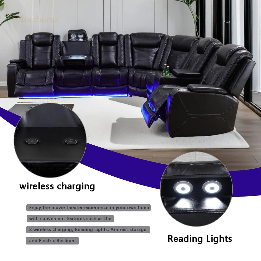 Ainehome Black Leather Power Reclining Sectional Sofa with Storage & Wireless Charging