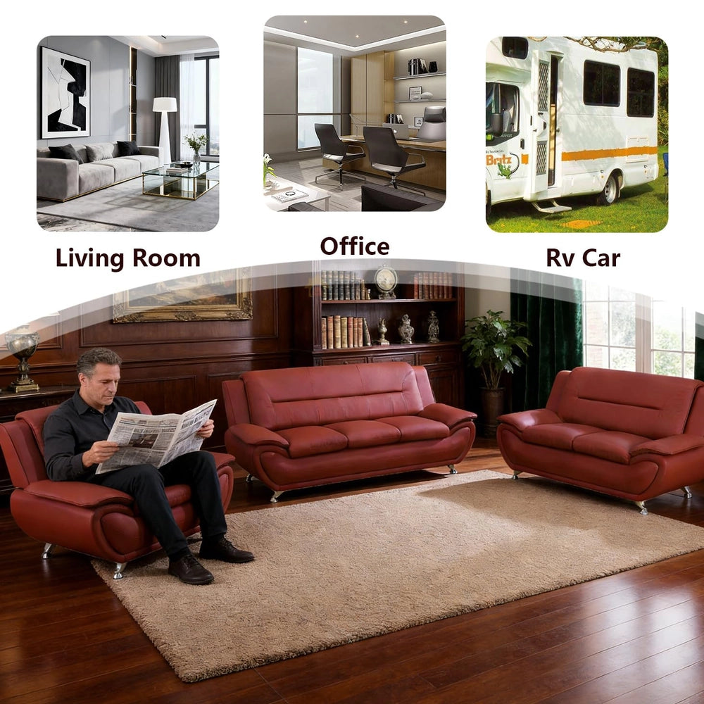 Ainehome Red Faux Leather 3-Piece Living Room Sofa Set with Elegant Design