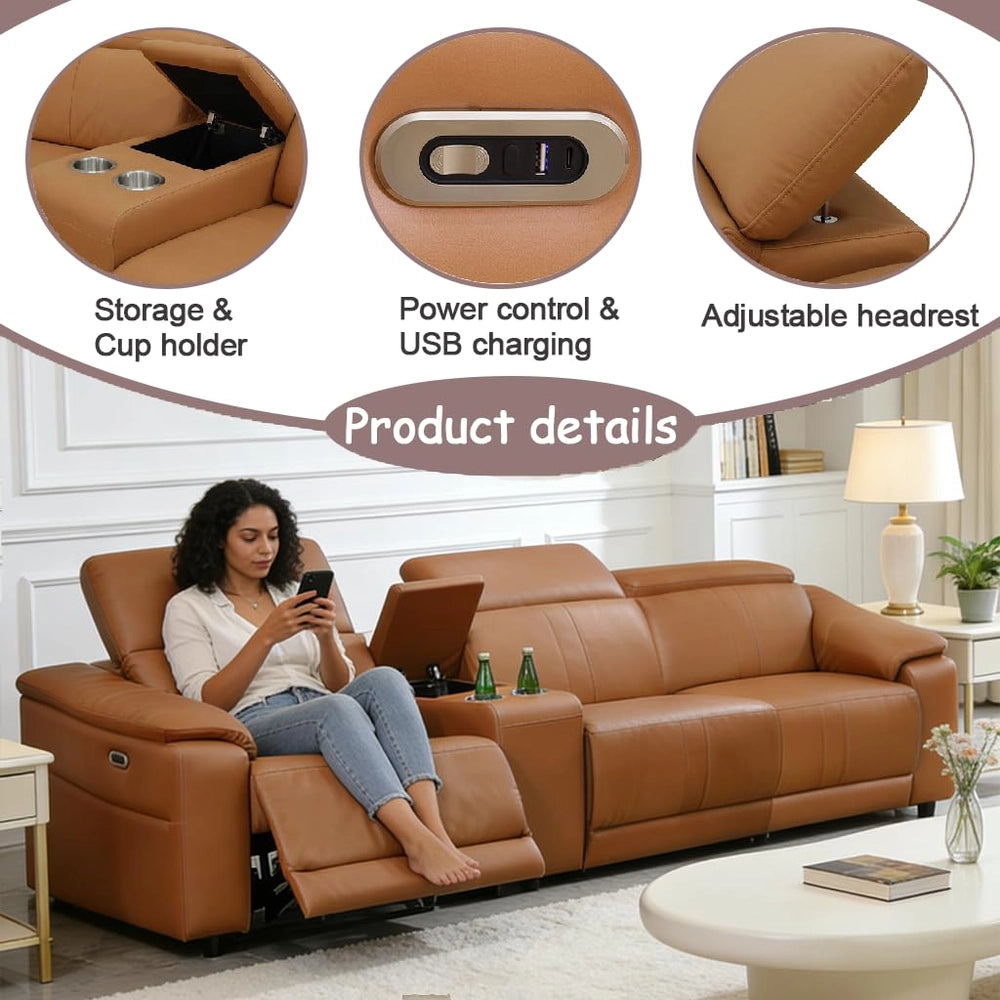 Ainehome Light Brown Leather 5-Seater Modular Power Reclining Sectional Sofa Set with Smart Storage & USB
