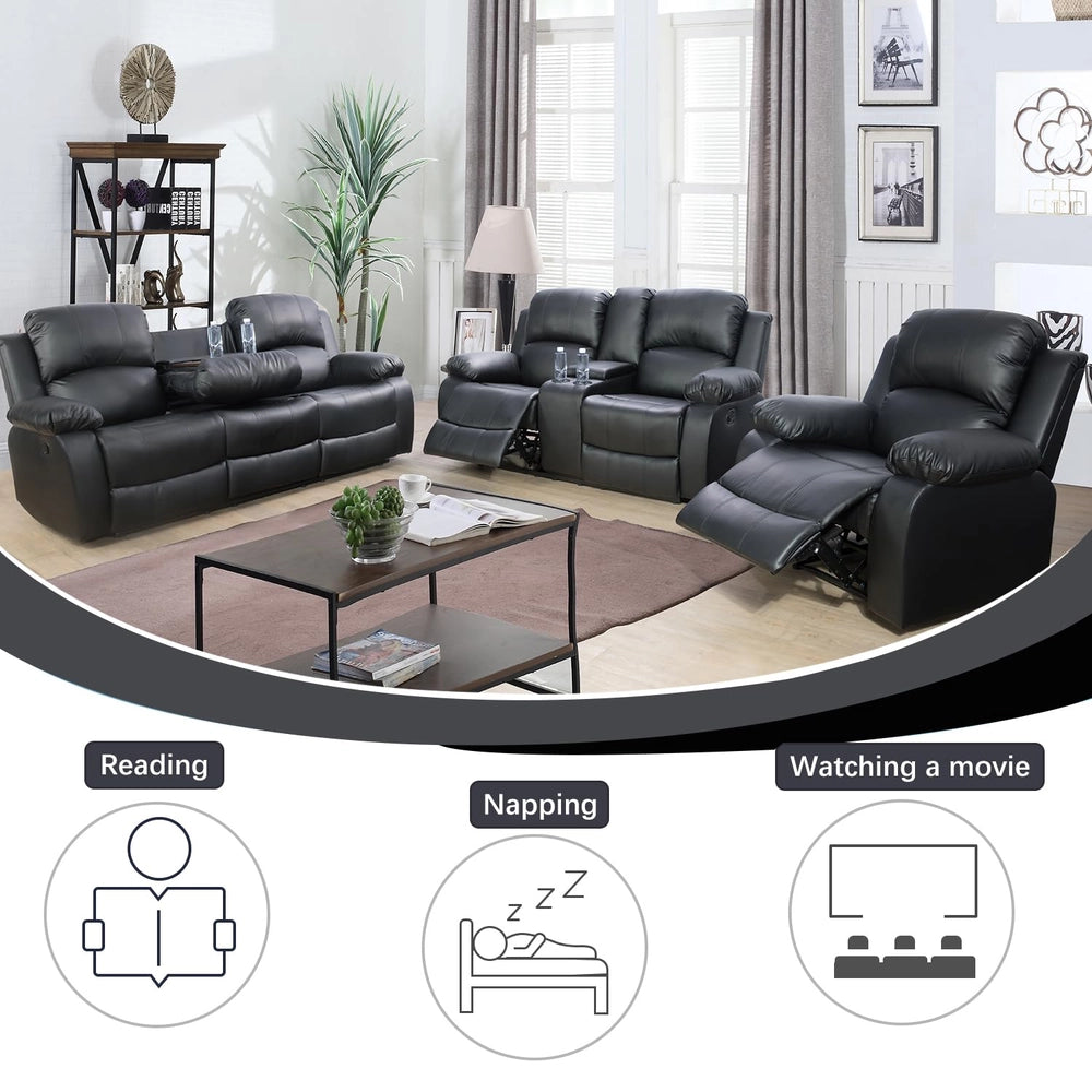 Ainehome Cinema 3-Piece Black Faux Leather Manual Reclining Sofa Set