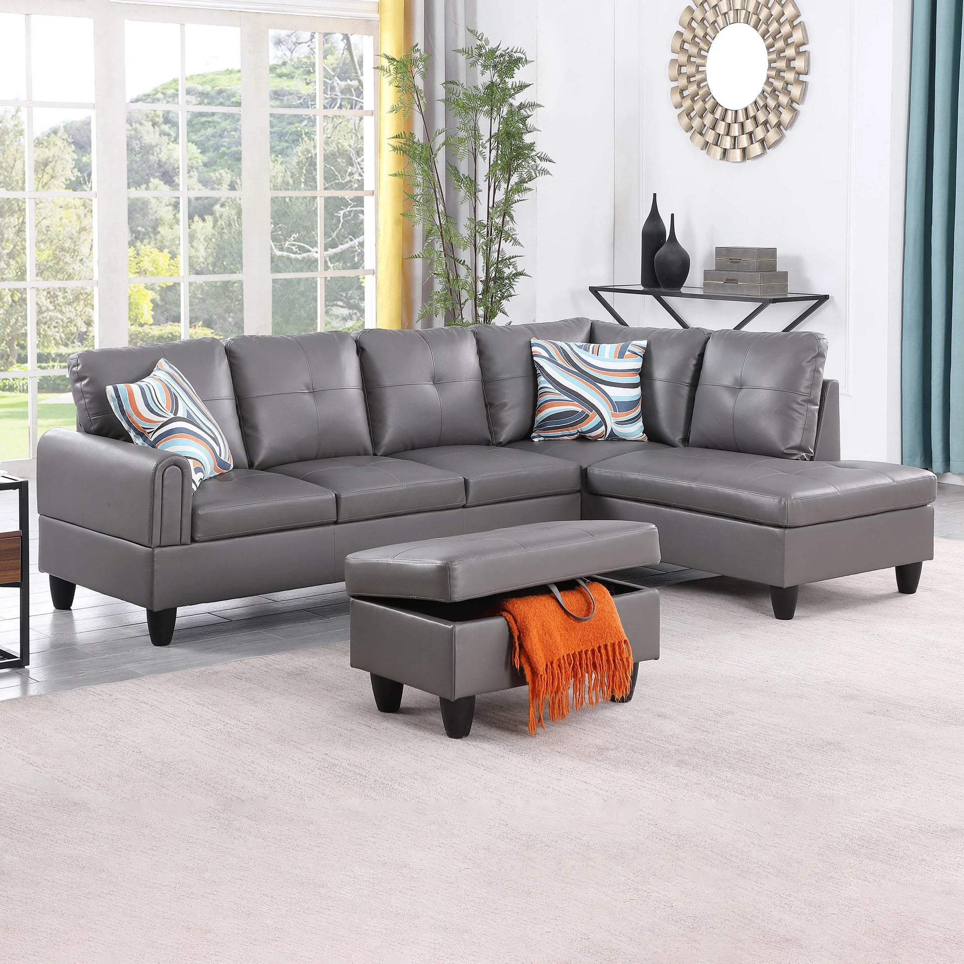 97" Wide Dark Grey Faux Leather L-Shaped Living Room Sectional Sofa Set