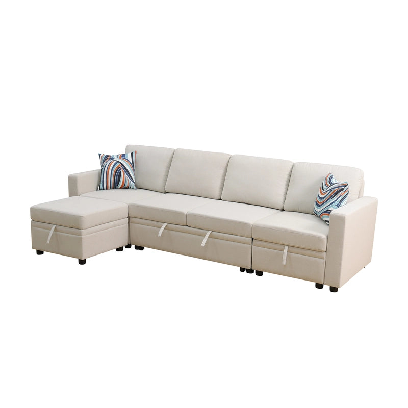 Ainehome Off-White Extendable Fabric Sofa Bed 6-Piece Sectional with Storage