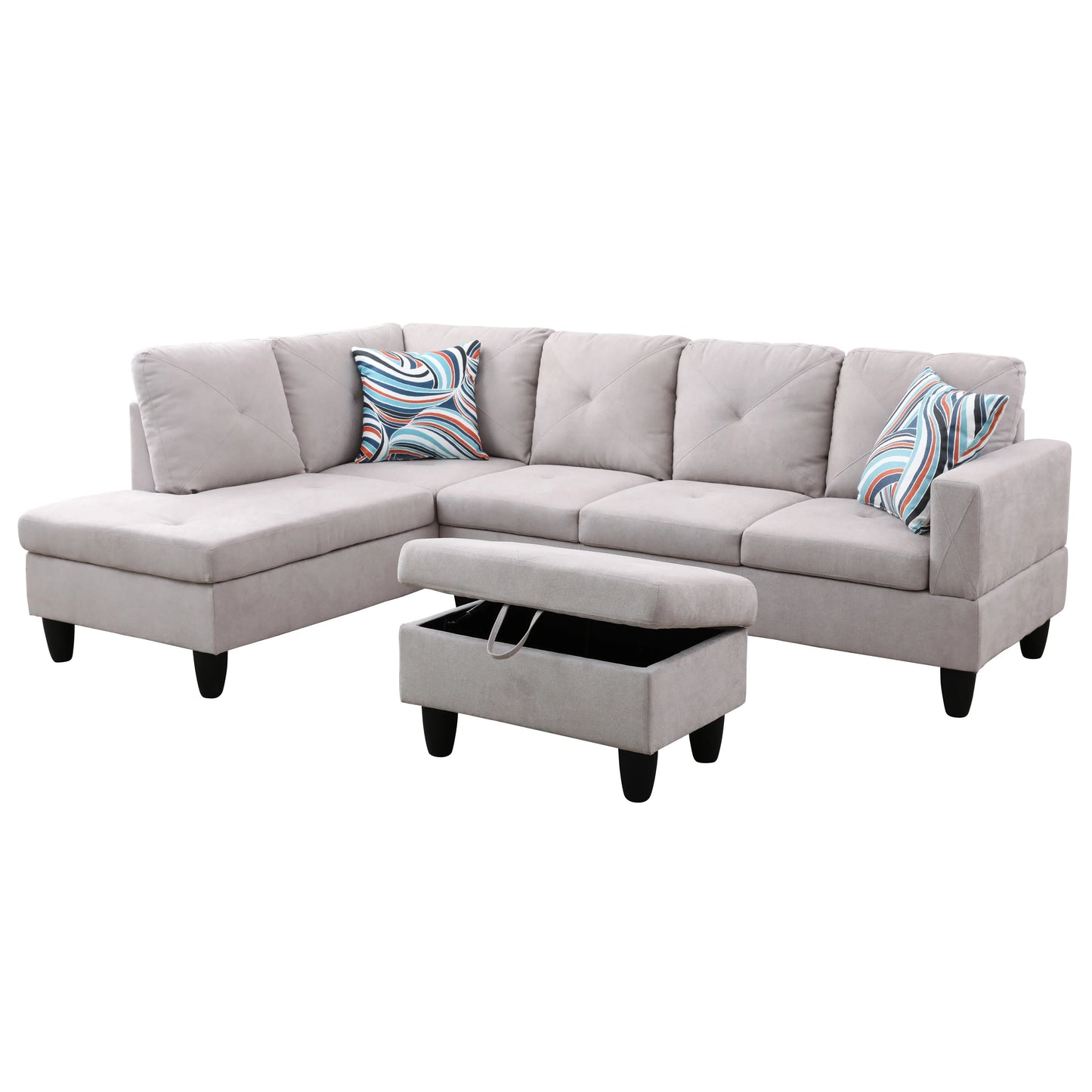 97" Wide Grey White Flannelette L-Shaped Living Room Sofa Set — image 2