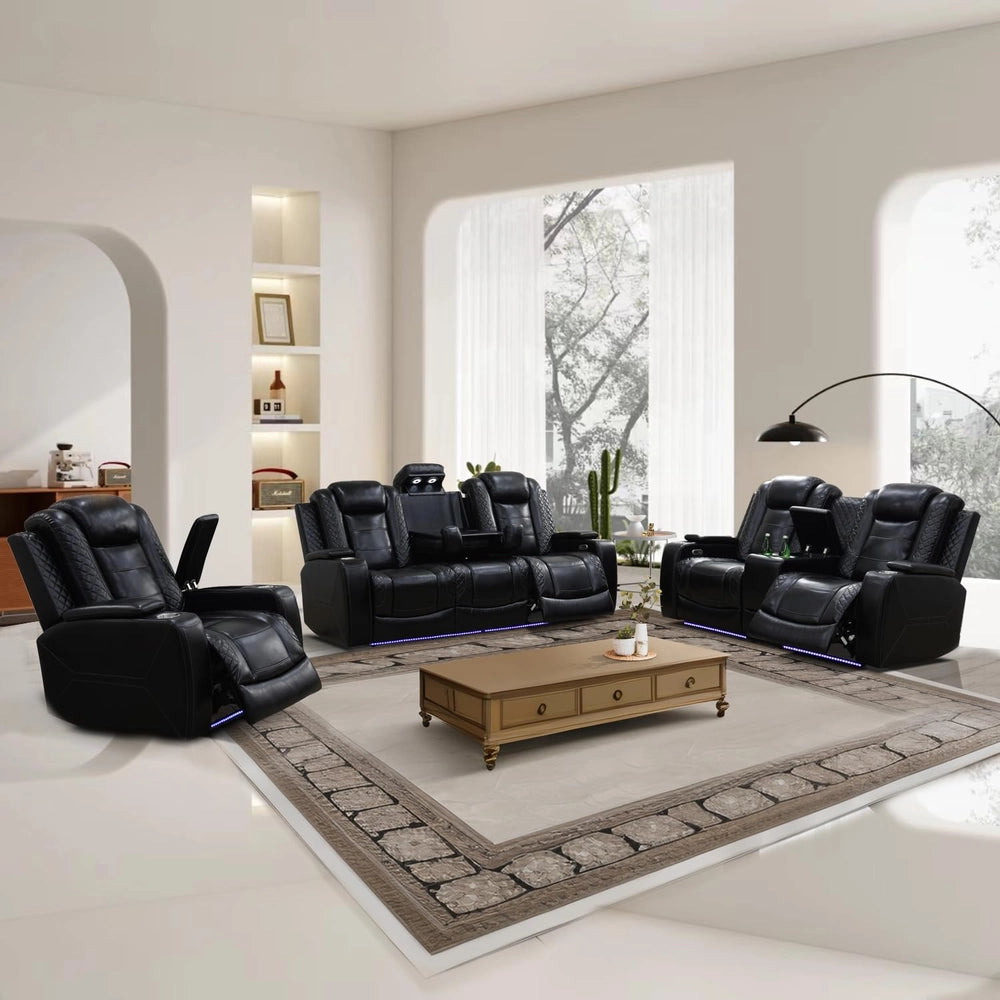 Black Leather Power Reclining Sectional Sofa with 170° Recline & Reading Lamp — Sofa image 2