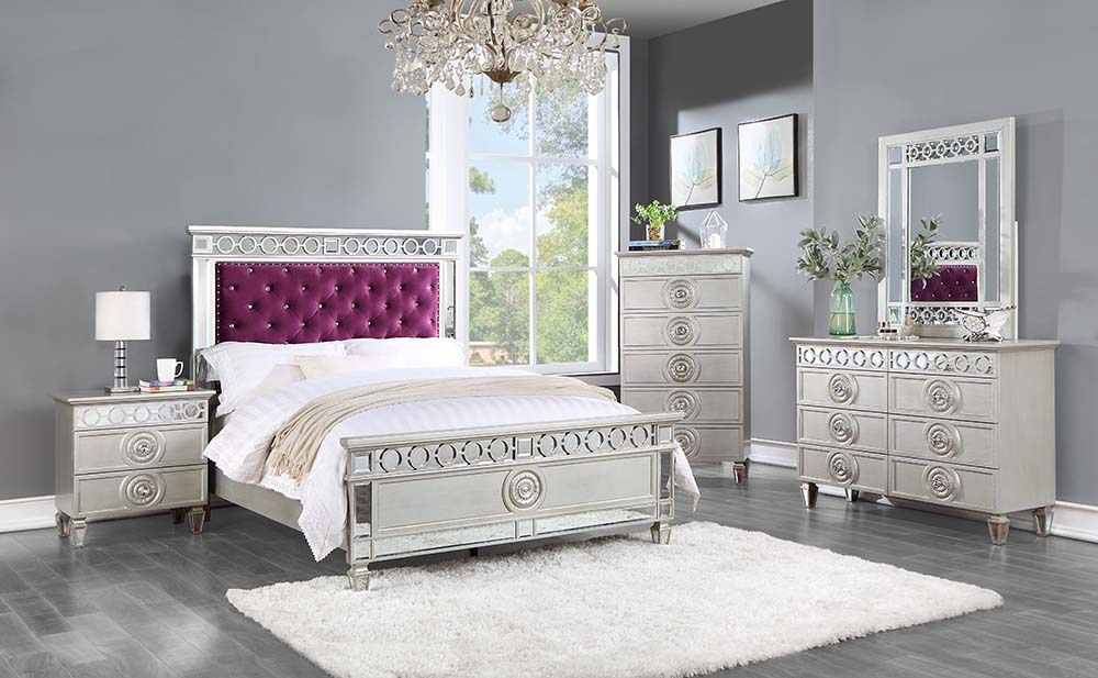 Varian - Twin Bed - Burgundy Velvet, Silver & Mirrored