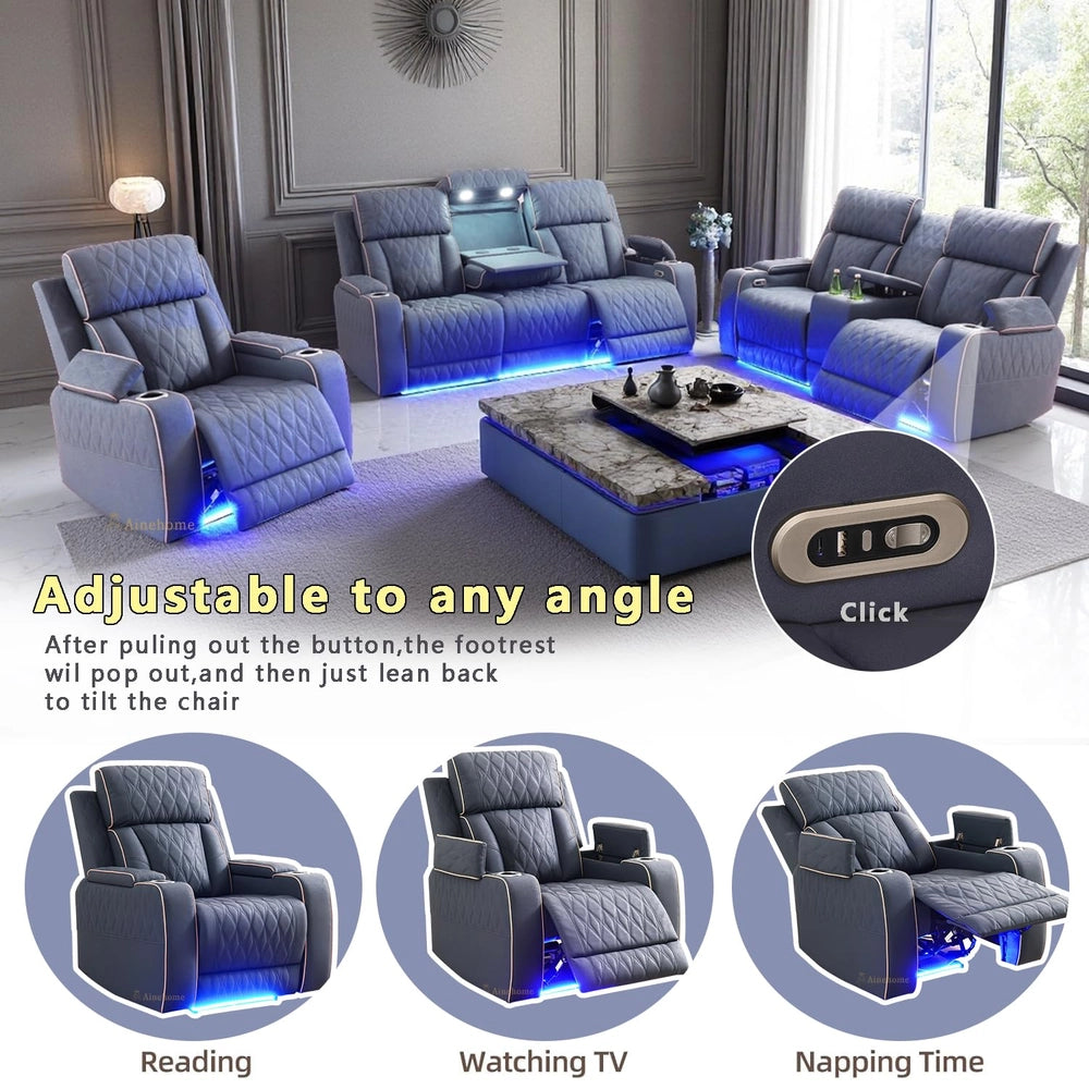 Ainehome Blue Gray Sanded Leather 5-Seater Power Reclining Sofa Set with Smart Features