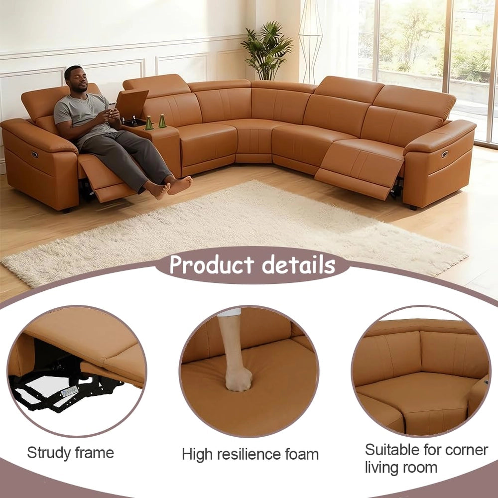 Ainehome Light Brown Leather 5-Seater Modular Power Reclining Sectional Sofa Set with Smart Storage & USB