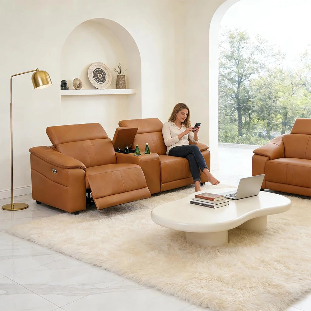 Ainehome Light Brown Leather 5-Seater Modular Power Reclining Sectional Sofa Set with Smart Storage & USB