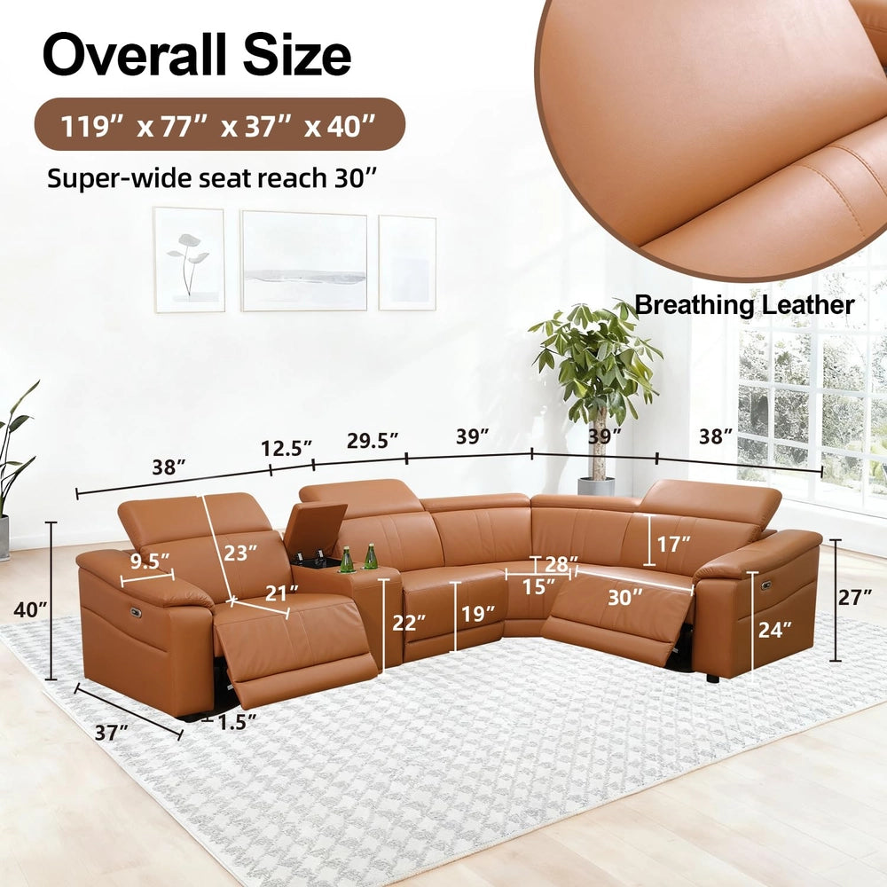Ainehome Light Brown Leather 5-Seater Modular Power Reclining Sectional Sofa Set with Smart Storage & USB