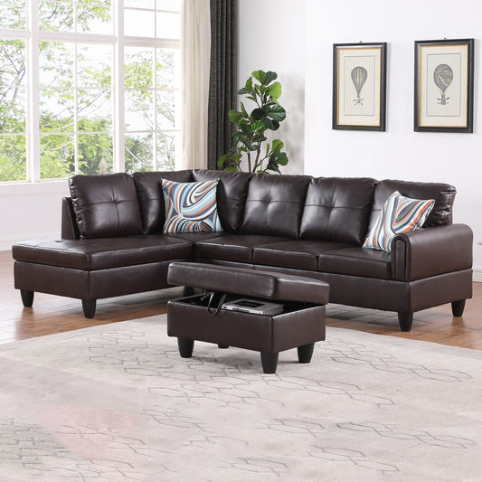 97" Wide Brown Faux Leather L-Shaped Living Room Sectional Sofa Set