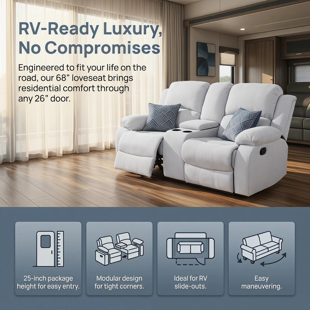 Ainehome 68" Manual RV Loveseat Recliner with Storage Console - Breathable Tech-Fabric Motorhome Sofa Replacement - 67" Full Extension & 26" Door Friendly - Brown