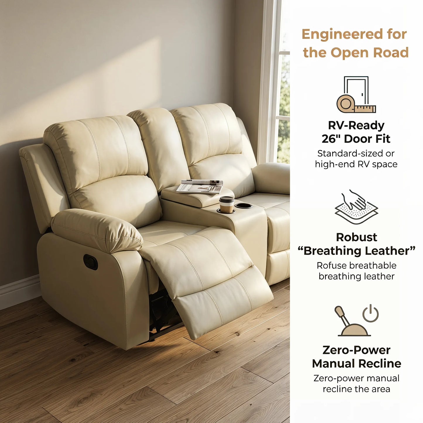 Ainehome 68" Manual RV Loveseat Recliner with Storage Console - Breathable Synthetic Leather Motorhome Sofa Replacement - 67" Full Extension & 26" Door Friendly - Walnut Brown