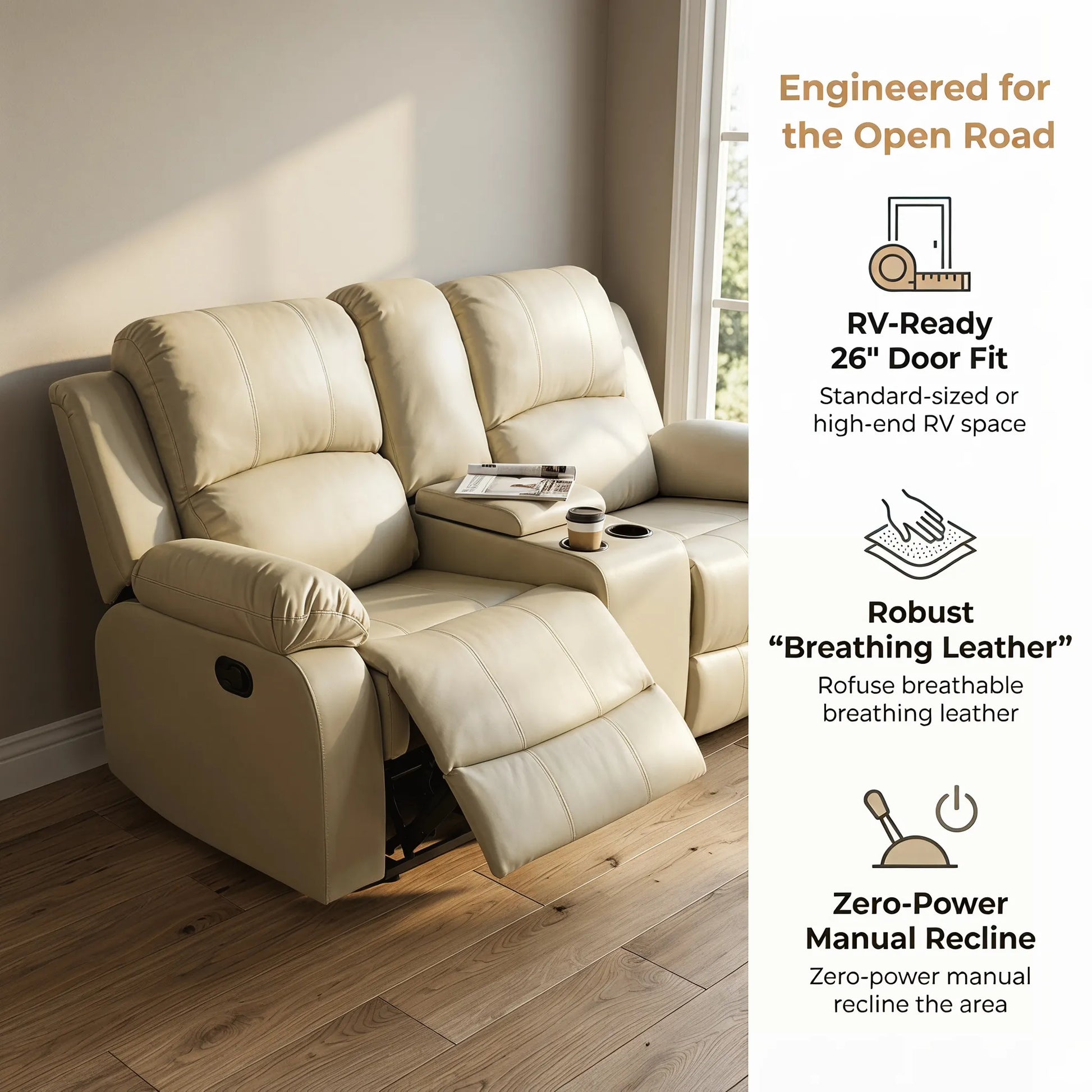 Ainehome 68" Manual RV Loveseat Recliner with Storage Console - Breathable Synthetic Leather Motorhome Sofa Replacement - 67" Full Extension & 26" Door Friendly - Walnut Brown
