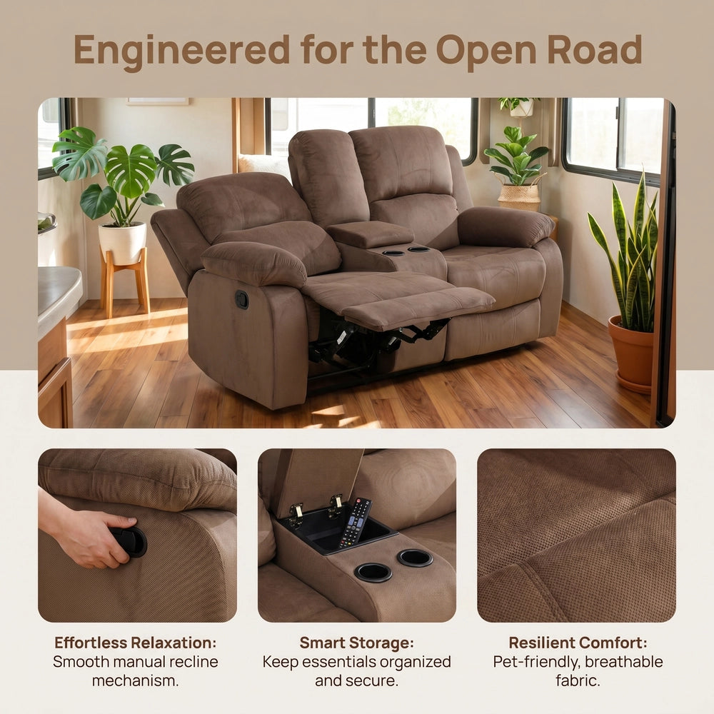 Ainehome 68" Manual RV Loveseat Recliner with Storage Console - Breathable Tech-Fabric Motorhome Sofa Replacement - 67" Full Extension & 26" Door Friendly - Brown