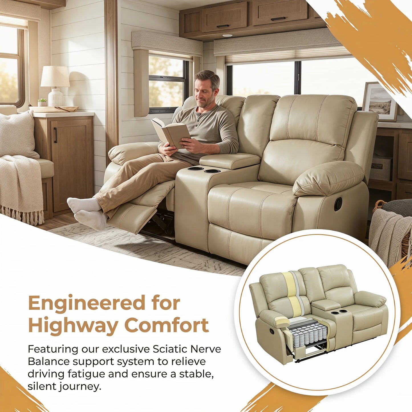 Ainehome 68" Manual RV Loveseat Recliner with Storage Console - Breathable Synthetic Leather Motorhome Sofa Replacement - 67" Full Extension & 26" Door Friendly - Walnut Brown