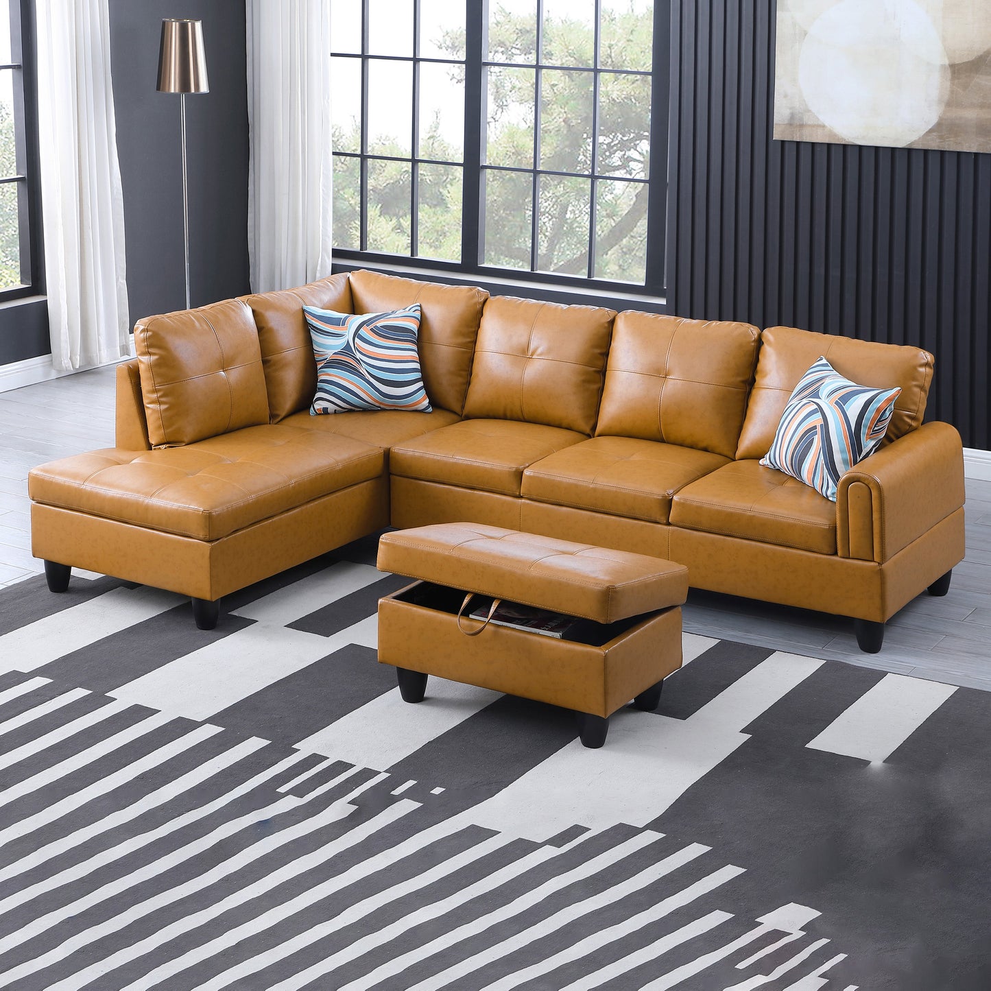 97" Wide Ginger Faux Leather L-Shaped Living Room Sectional Sofa Set