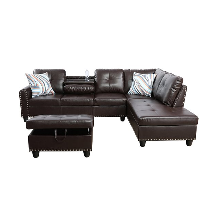 Ainehome 97.5" Wide Brown Synthetic Leather L-Shaped Living Room Sectional Sofa Set