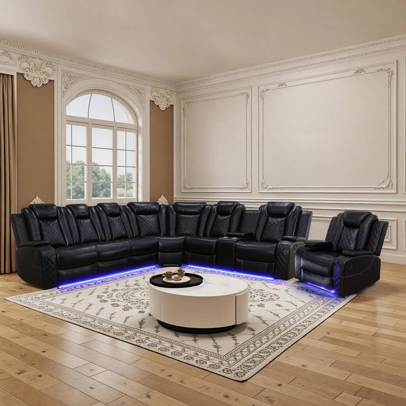 Black Leather Power Reclining Sofa Set with Smart Storage & Wireless Charging