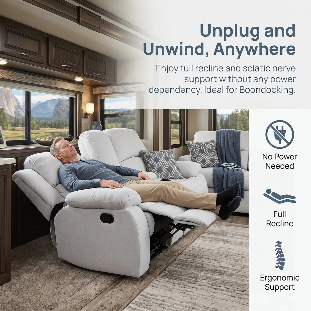 Ainehome 68" Manual RV Loveseat Recliner with Storage Console - Breathable Tech-Fabric Motorhome Sofa Replacement - 67" Full Extension & 26" Door Friendly - Brown