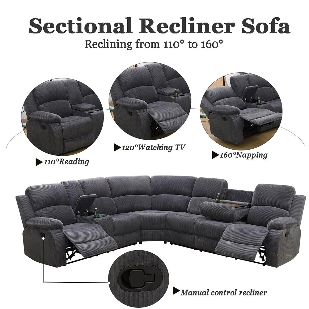 Ainehome Grandview 5-Seat Reclining Sectional Sofa in Dark Grey Corduroy