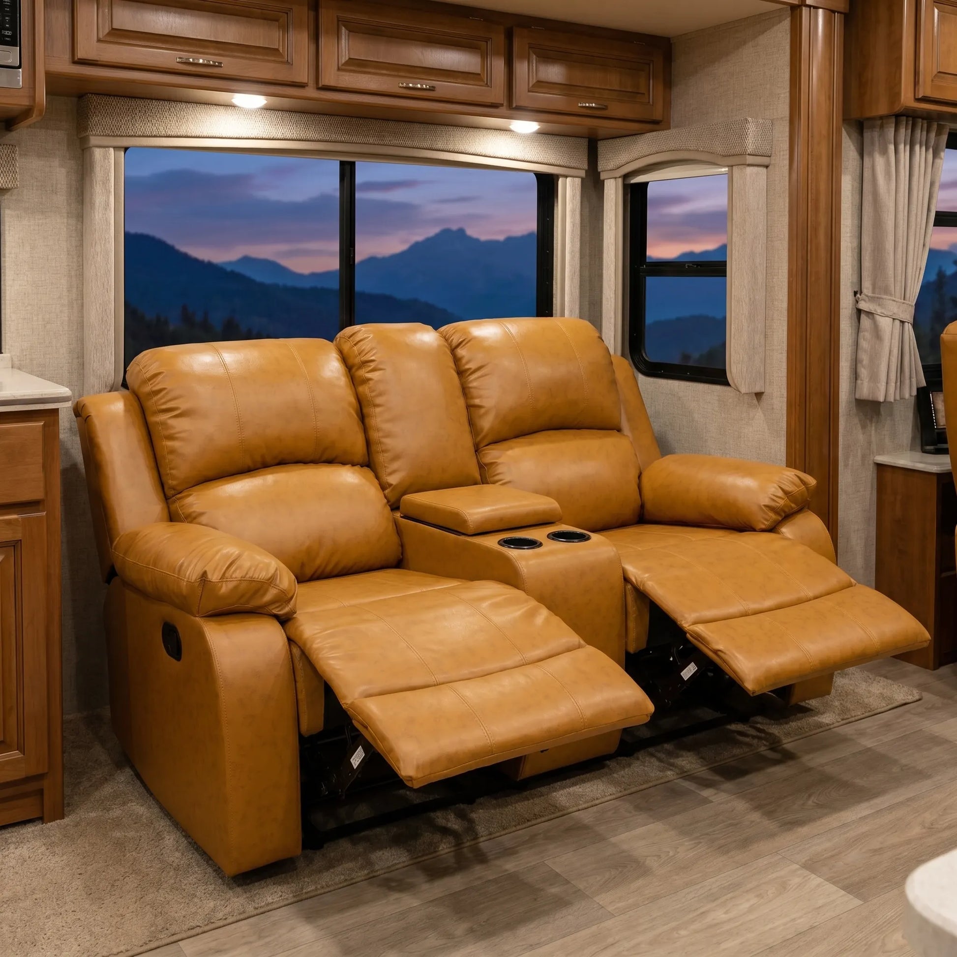 68" Manual RV Loveseat Recliner with Storage Console - Breathable Synthetic Leather Motorhome Sofa Replacement - 67" Full Extension & 26" Door Friendly - Walnut Brown
