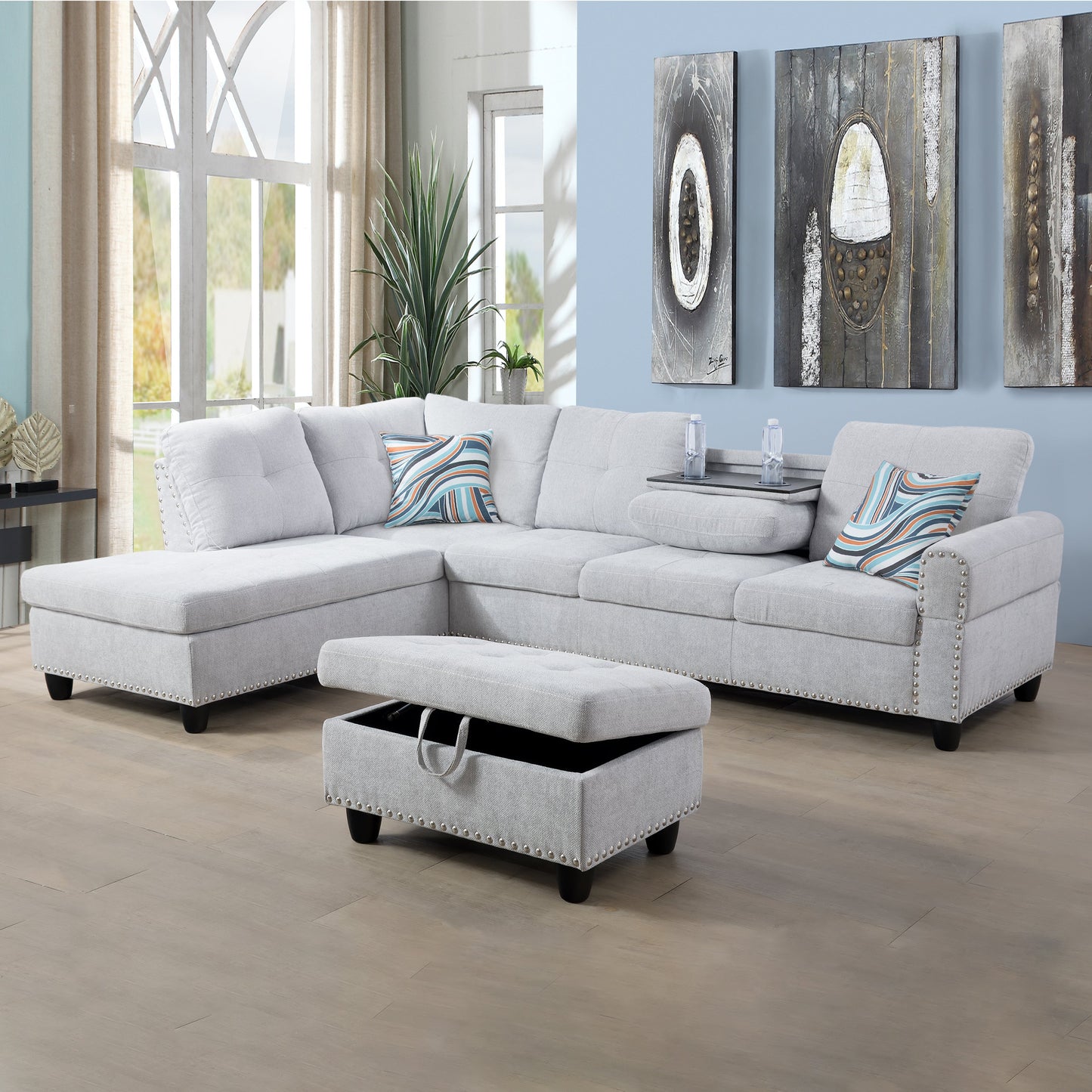 97.5" Wide Grey White Flannel 3-Piece Sofa Living Room Sofa Set