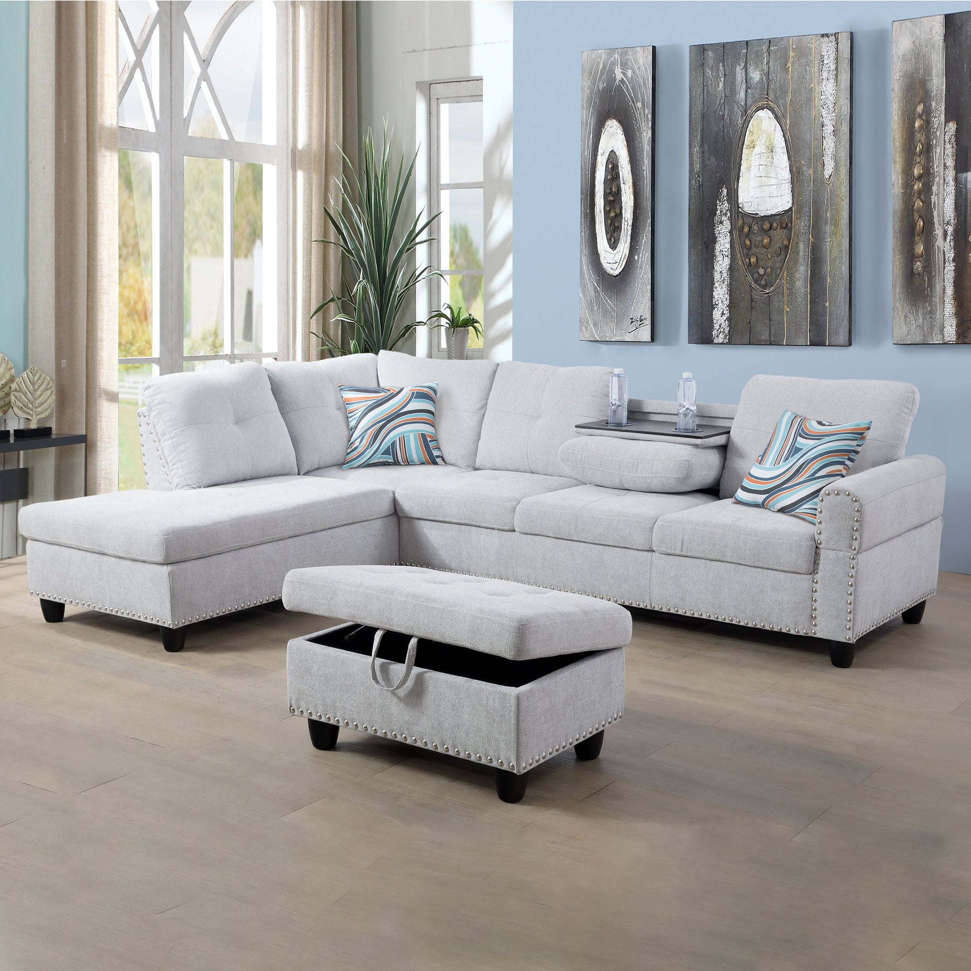 97.5" Wide Grey White Flannel 3-Piece Sofa Living Room Sofa Set