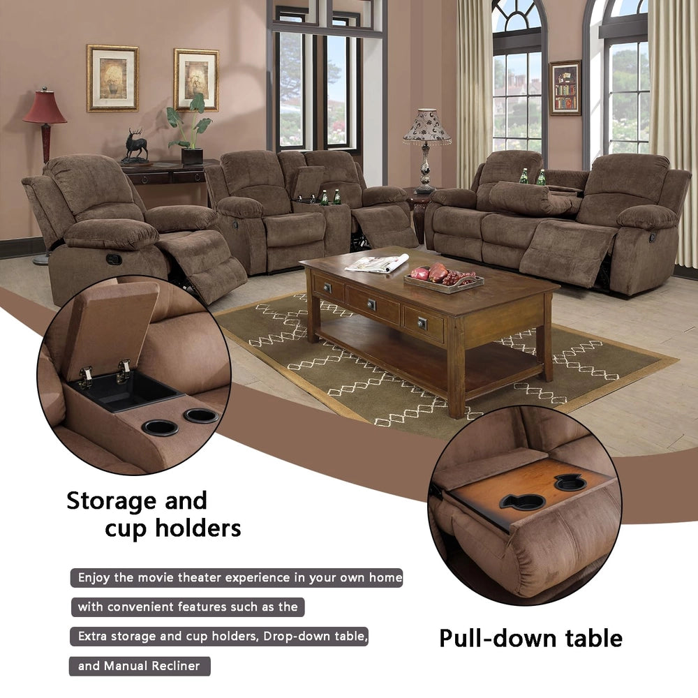 Ainehome Cinema 3-Piece Plush Brown Microfiber Reclining Sofa Set