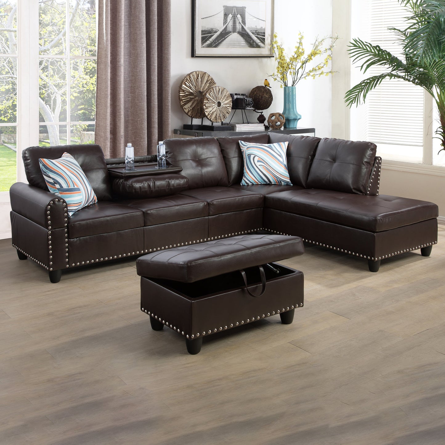 97.5" Wide Brown Synthetic Leather L-Shaped Living Room Sectional Sofa Set