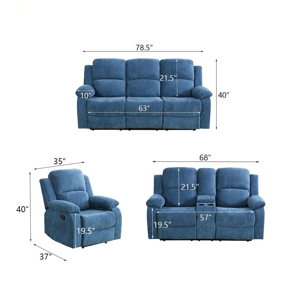 Ainehome Cinema 3-Piece Blue Fabric Manual Reclining Sofa Set