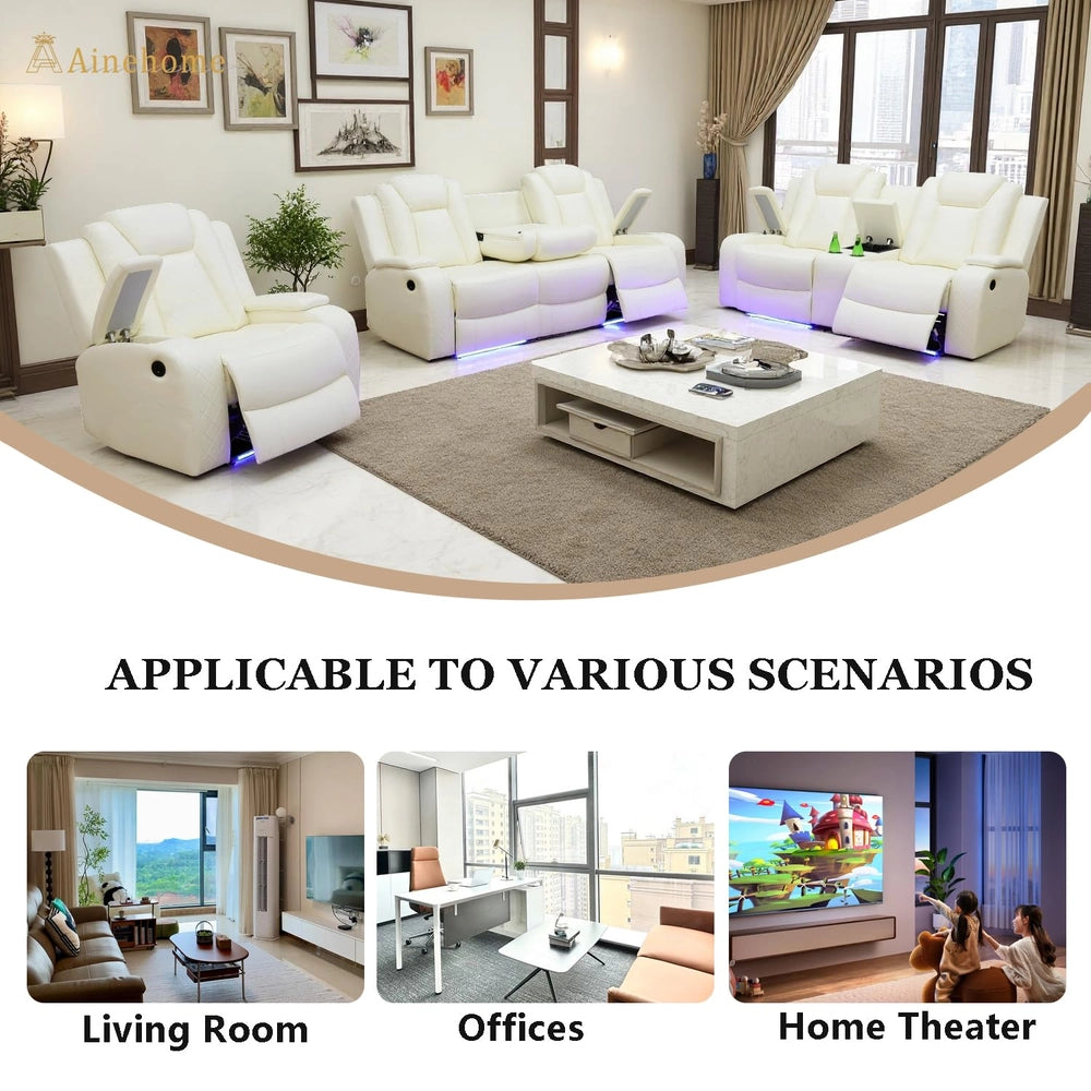 Ainehome White Leather Power Reclining Sofa Set with Smart Consoles & 170° Recline