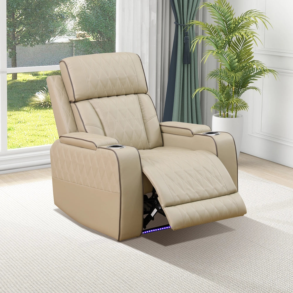 Beige Leather Power Reclining Sectional Sofa with Smart Coffee Table & Reading Lamp