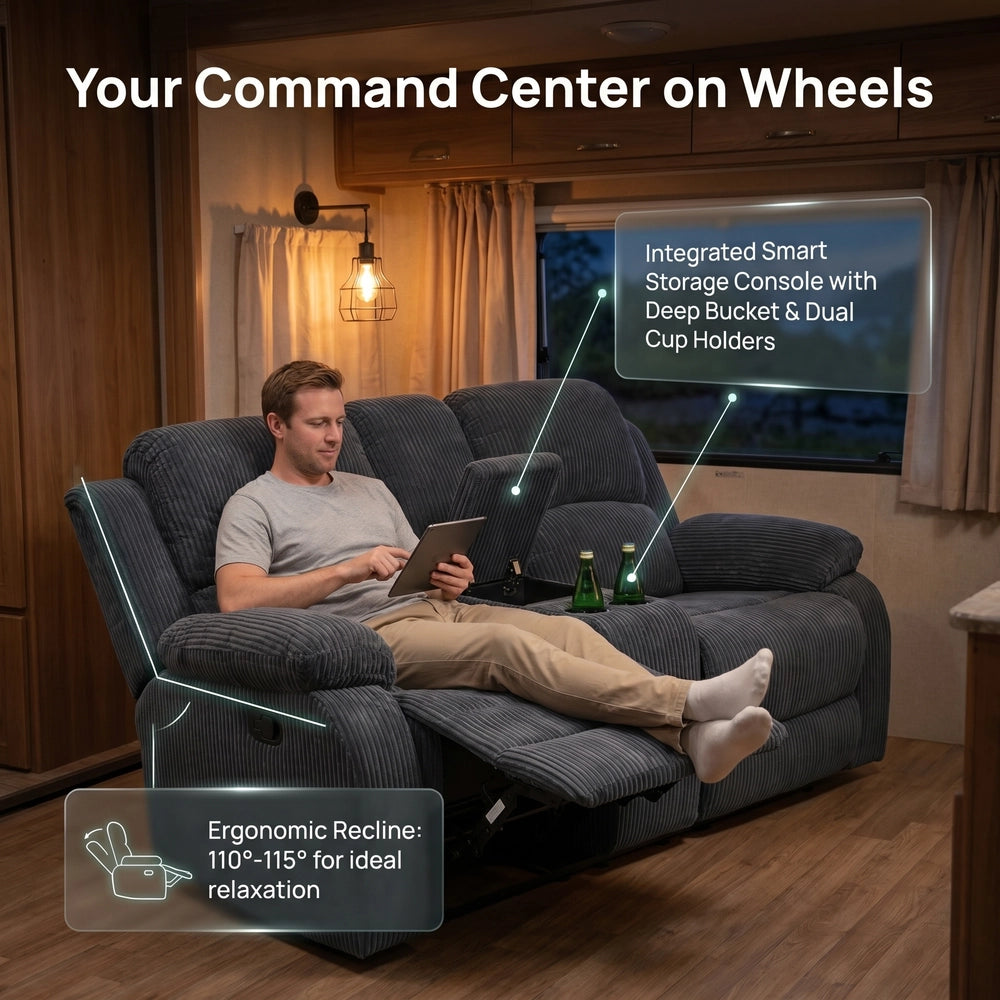 Ainehome 68" Manual RV Loveseat Recliner with Storage Console - Breathable & Mold-Proof Fabric Replacement Sofa for Class A, C Motorhomes and Travel Trailers - Dark Grey