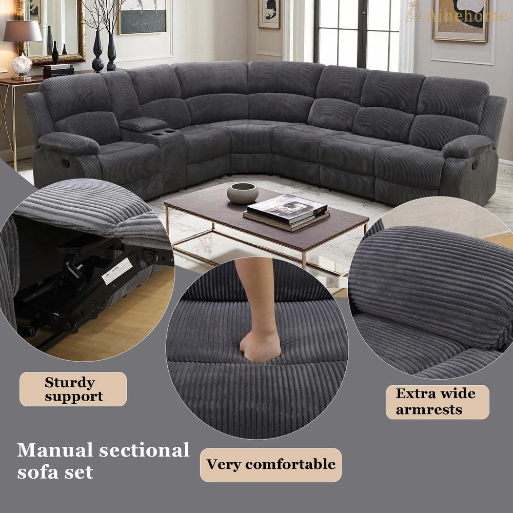 Ainehome Grandview 5-Seat Reclining Sectional Sofa in Dark Grey Corduroy