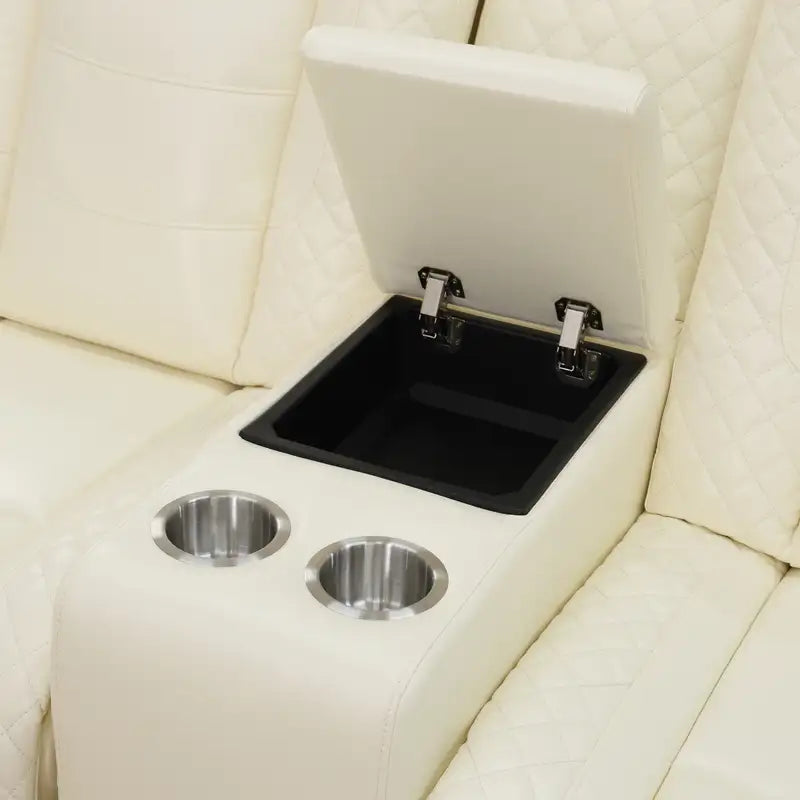 Ainehome Off-White Leather Power Reclining Sectional Sofa with Smart Tea Table & Organizer