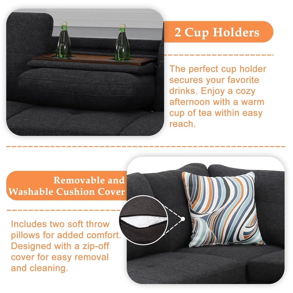 Ainehome 97.5" Wide Black Grey Linen L-Shaped Living Room Sectional Sofa Set