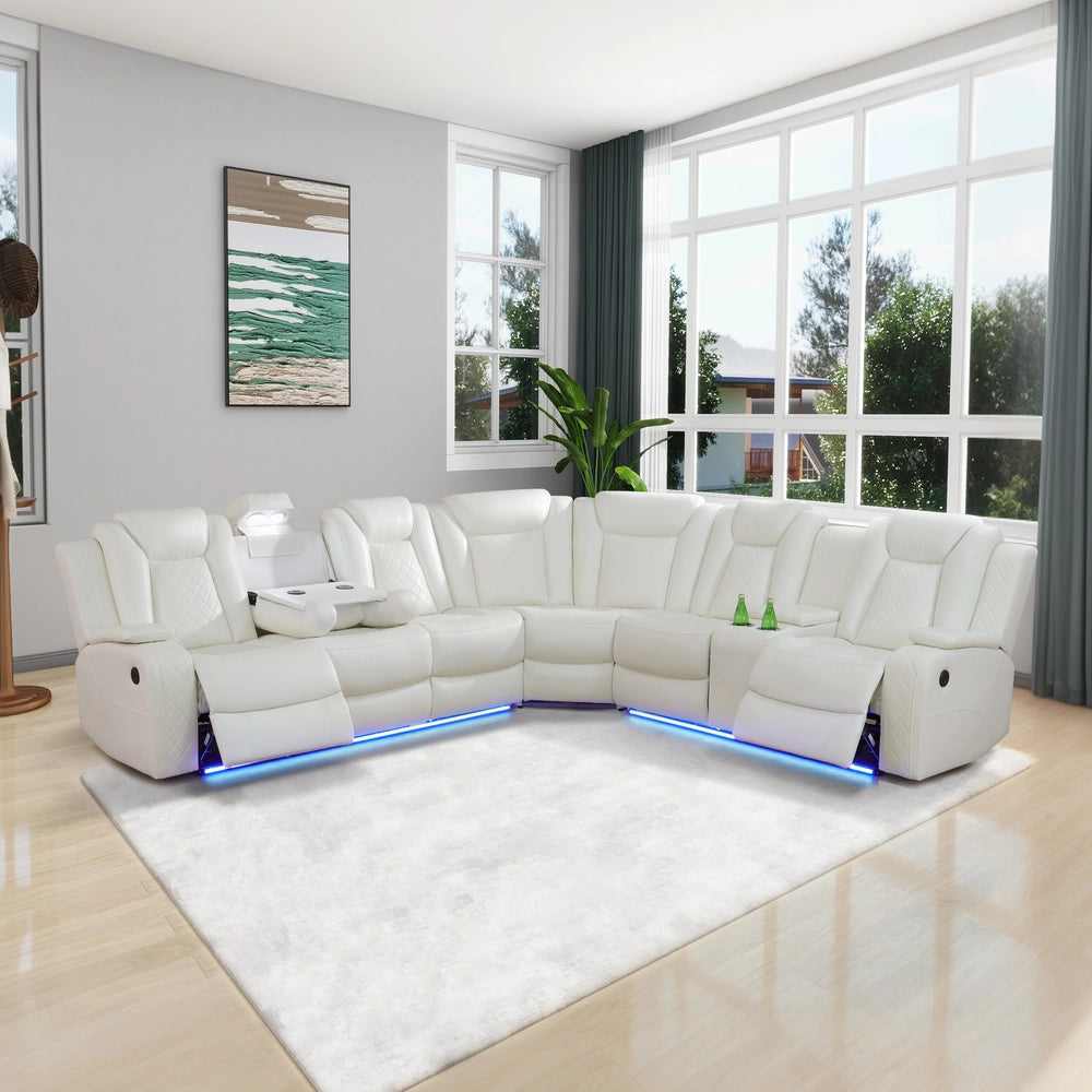 Ainehome Off-White 3-Piece Intelligent Power Reclining Leather Sectional Sofa Set with Smart Features
