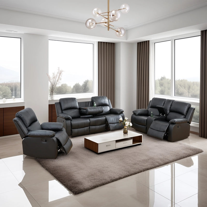 Cinema 3-Piece Black Faux Leather Manual Reclining Sofa Set