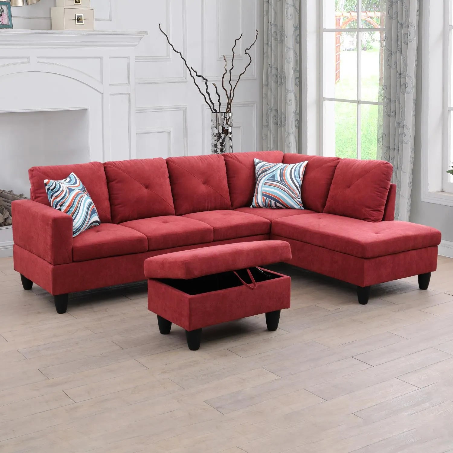 97" Wide Red Flannelette L-Shaped Living Room Sectional Sofa Set — image 3