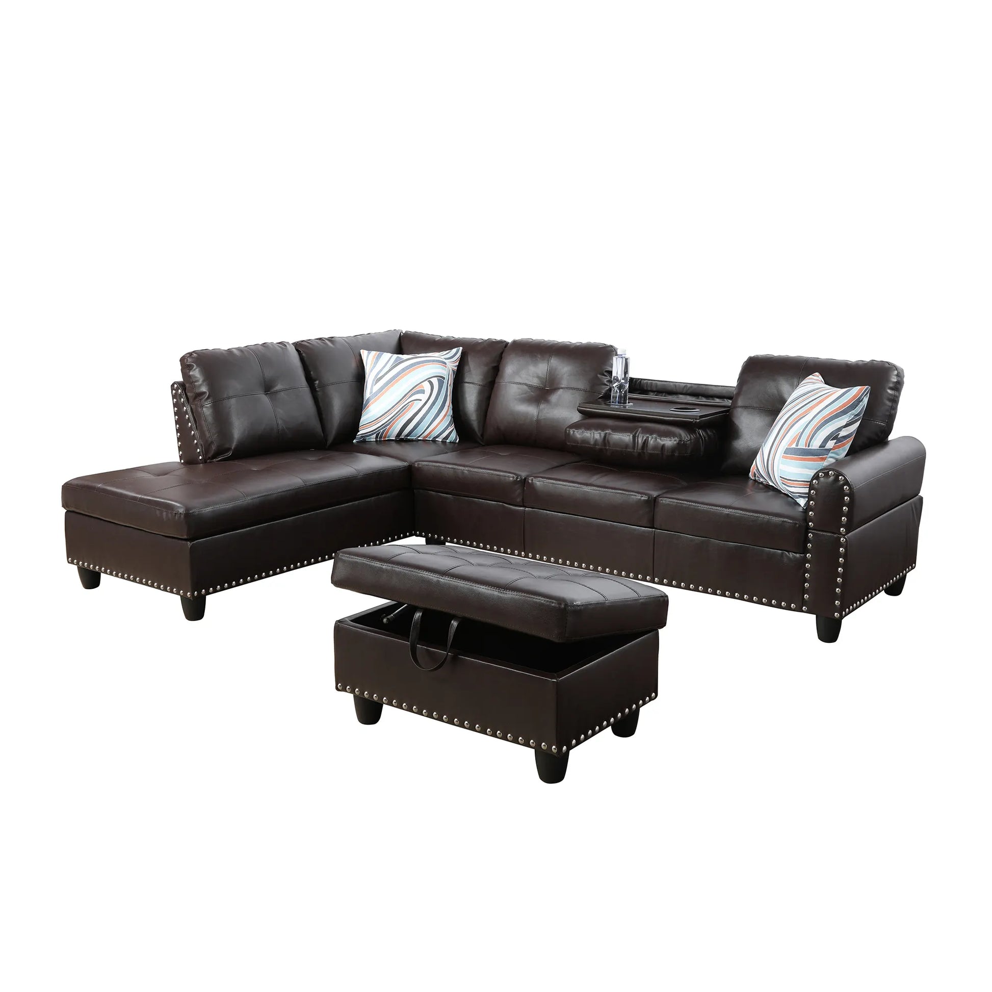 Ainehome 97.5" Wide Brown Synthetic Leather L-Shaped Living Room Sectional Sofa Set