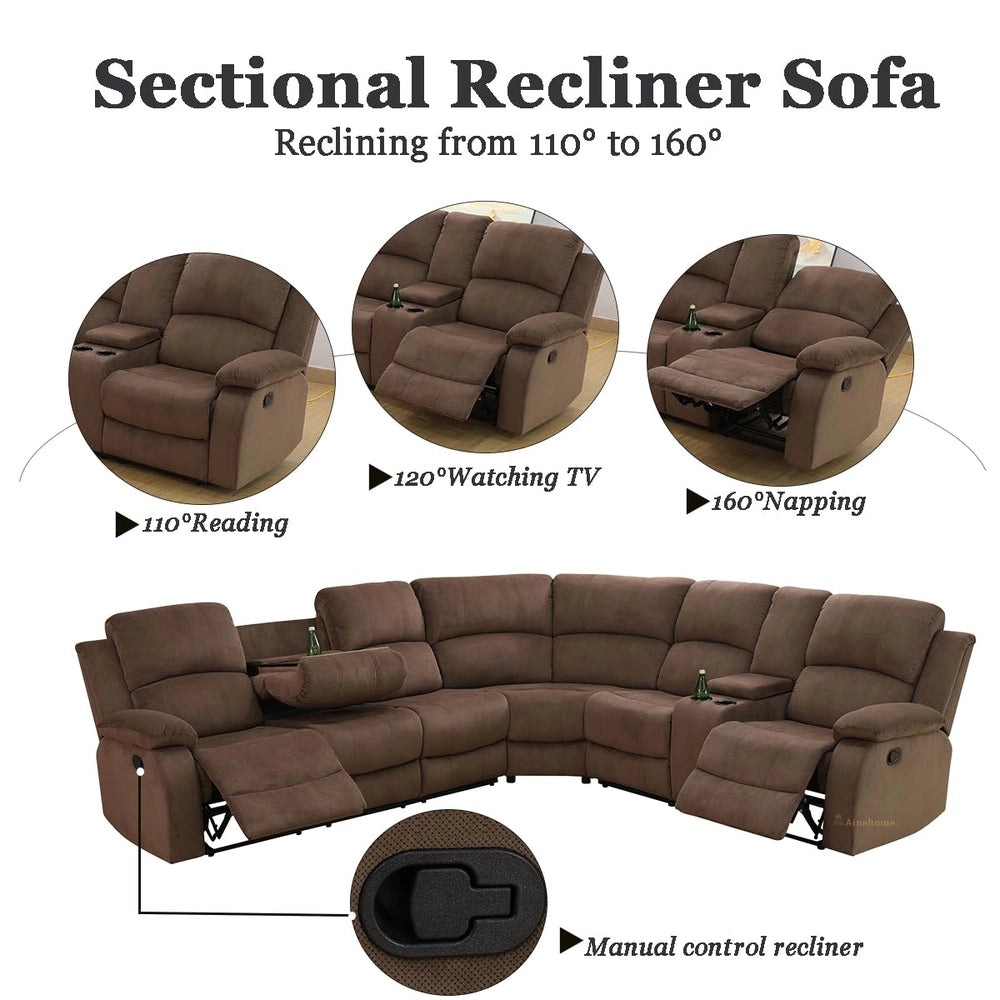 Ainehome Grandview 5-Seat Reclining Sectional Sofa in Plush Brown Microfiber