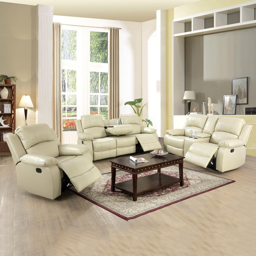 Ainehome Cinema 3-Piece Beige Faux Leather Manual Reclining Sofa Set