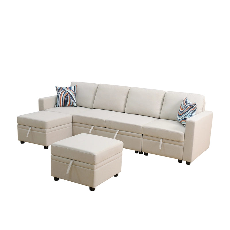 Ainehome Off-White Extendable Fabric Sofa Bed 6-Piece Sectional with Storage