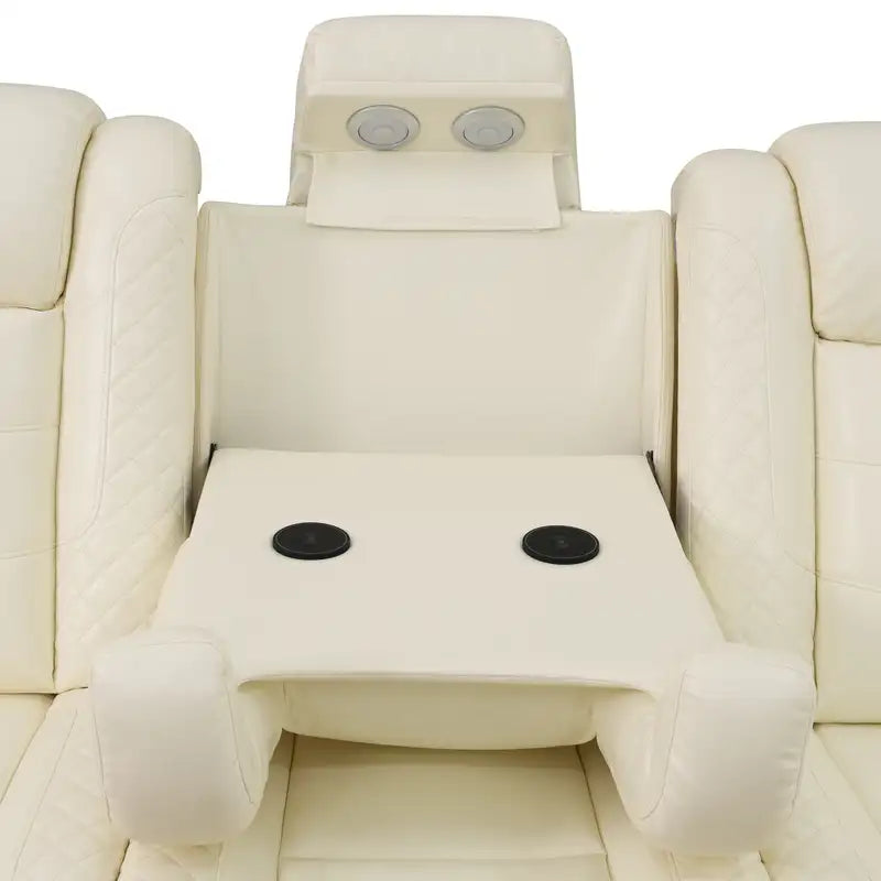 Ainehome Off-White Leather Power Reclining Sectional Sofa with Smart Tea Table & Organizer