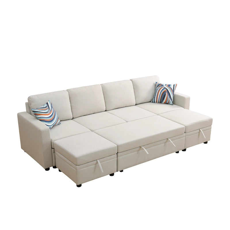Ainehome Off-White Extendable Fabric Sofa Bed 6-Piece Sectional with Storage