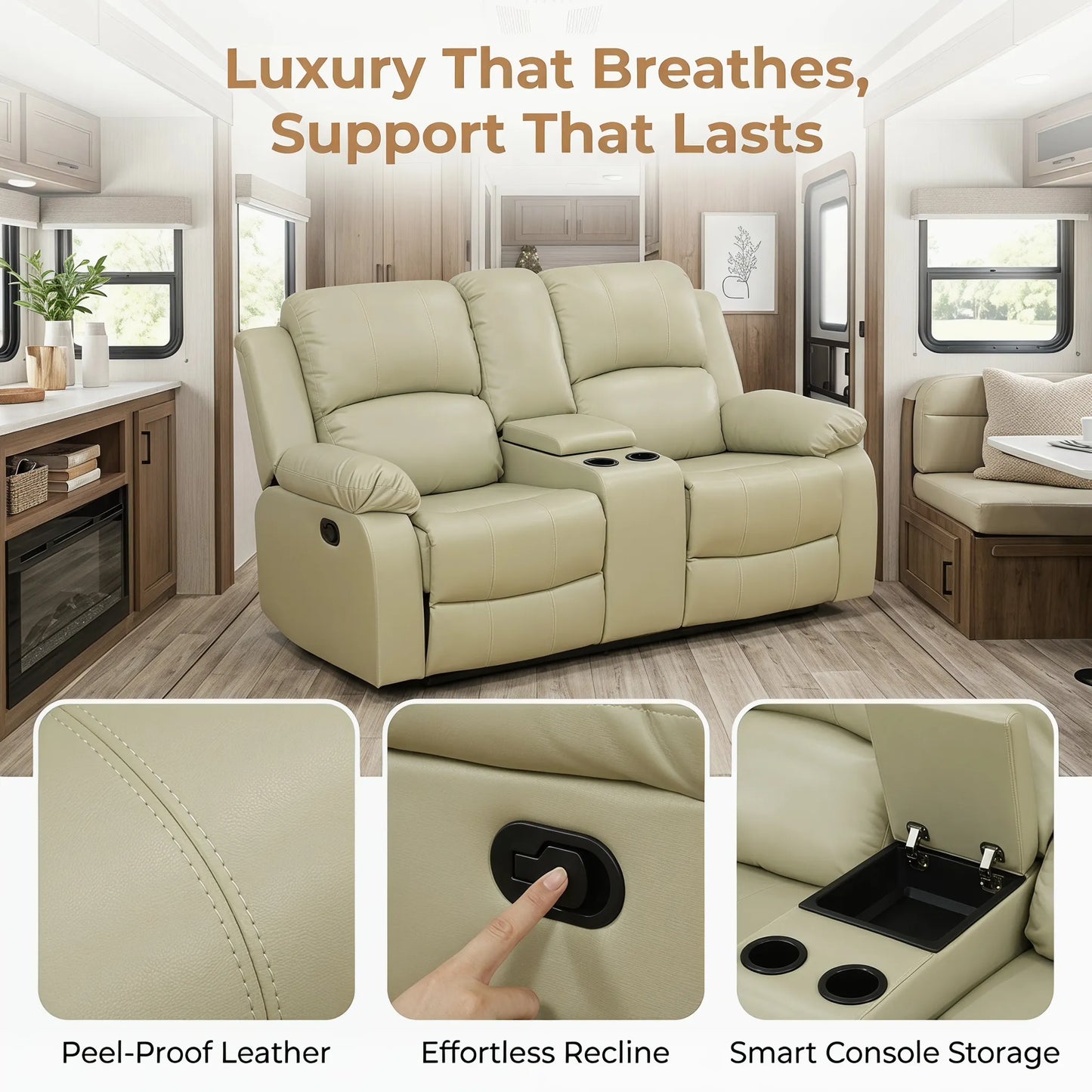 Ainehome 68" Manual RV Loveseat Recliner with Storage Console - Breathable Synthetic Leather Motorhome Sofa Replacement - 67" Full Extension & 26" Door Friendly - Walnut Brown